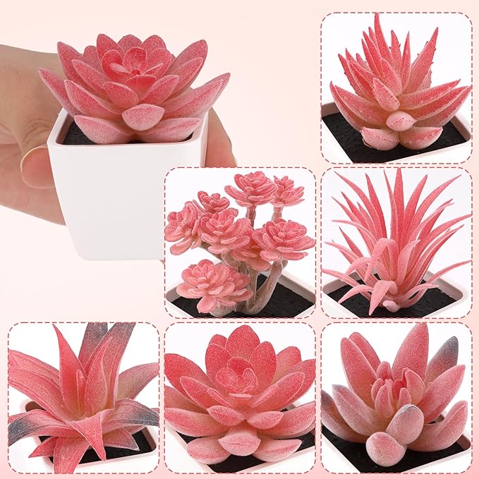 Woration 6Pcs Small Artificial Pink Succulent Set Fake Flocking Succulents Plants Potted Floral Arrangement for Shelf Office Home Desk Decorations - White Pots
