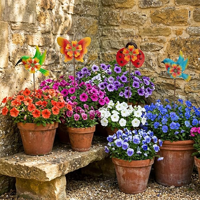 HUTHDAK 4 Pack Metal Animal Decorative Garden Stakes,Colorful Spring Outdoor Pinwheels,Cute Ladybugs Butterfly&Hummingbird Wind Spinners for Yard Art Outdoor Lawn Porch Pathway Decorations