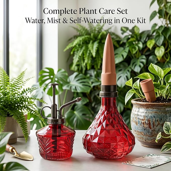 Glass Mini Watering Can Vintage Plant Mister Flower Water Spray Bottle and Faceted Glass Plant Watering Globe with Terracotta Spike,Red