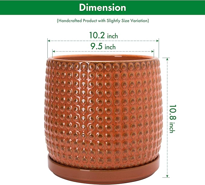 D'vine Dev 10 Inch Ceramic Beaded Stoneware Planter Pot - Flower Pot with Drainage Holes and Saucers for Indoor Succulent Plants or Flowers, Pumpkin, 27-C-P-J