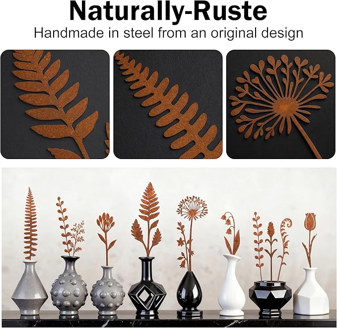 12 Pcs Rusty Metal Flowers and Plants, Rustic Metal Fern Leaf Garden Stakes, Rusty Plant Shaped Decoration for Flower Arrangement Potted Plants Outdoor Lawn Yard Courtyard Art