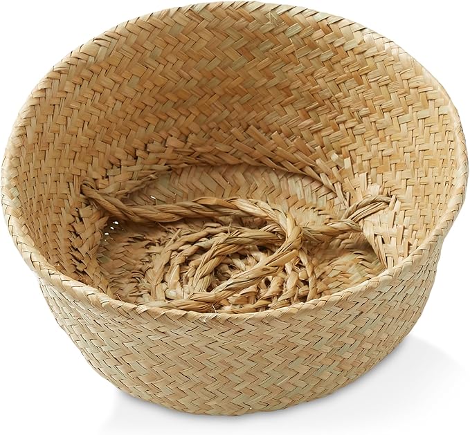 Casafield Seagrass Belly Storage Basket Planter with Handles - Small, Natural Woven Wicker Indoor Plant Pot Cover for Plants and Trees