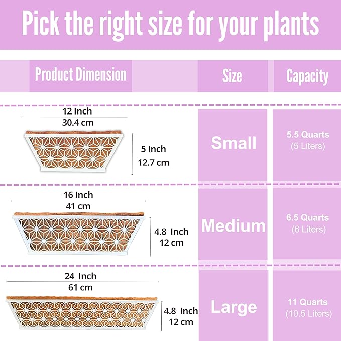 LaLaGreen Window Boxes Planter (2 Pack, 12 Inch) White Metal Rectangular Wall Planters with Coco Liner, Horse Trough Deck Railing for Outdoor Plants Holder, Modern Rail, Balcony, Fence, Porch Patio