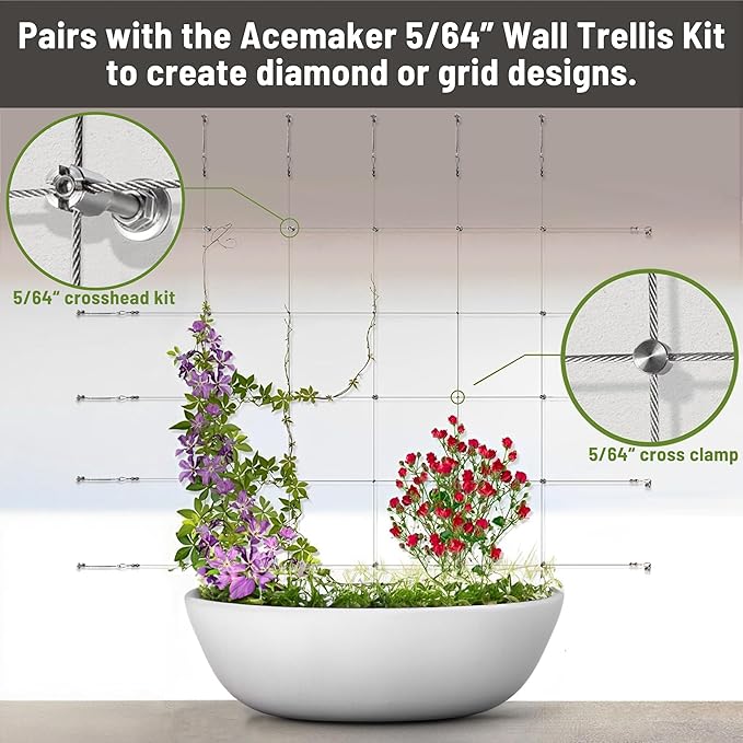 Tensioned Wall Wire Trellis Kit, 5/64”(2mm) x 150ft Cable with T316 Stainless Steel Turnbuckle Tensioners for Outdoor Climbing Plants Espalier System for Fence and Garden DIY Projects