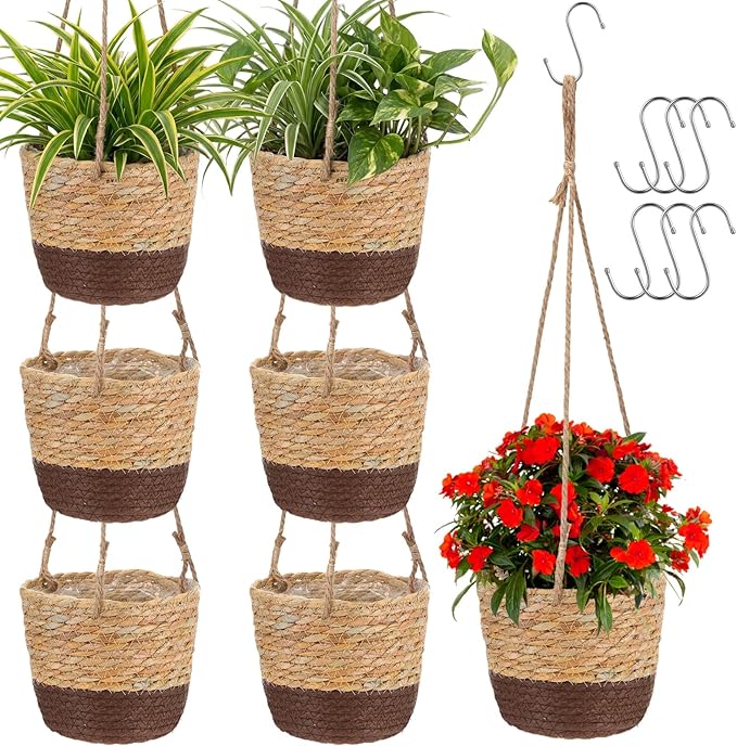 6 Pcs Seagrass Hanging Planter Basket Hand Woven Plant Basket with Plastic Liners Hanging Plant Holder Storage Containers with Cotton Rope for Indoor Garden Decor (Small,Brown,Coffee Brown)