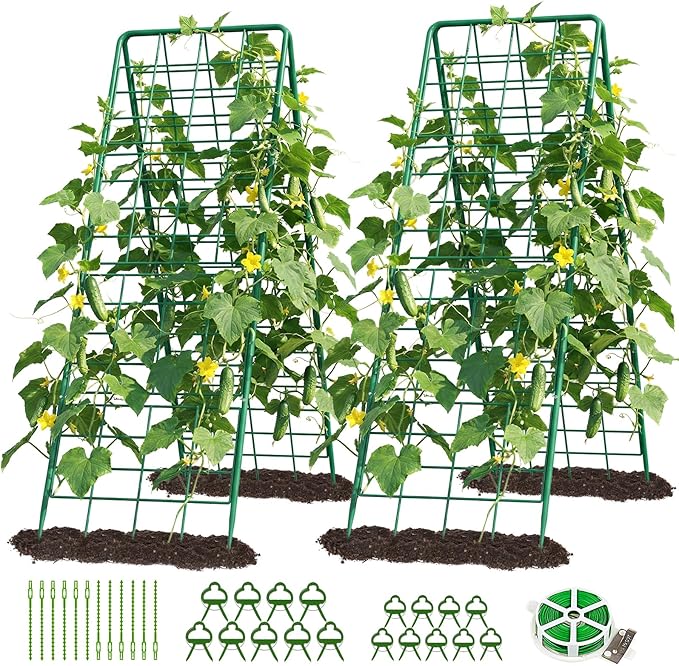 DoCred Cucumber Trellis, 59" H 2 Pack Metal Foldable Thickened A Frame Garden Trellis for Raised Bed Climbing Plants, Vegetables, Including Plant Support Clips, Twist Ties, Plastic Ties, Green