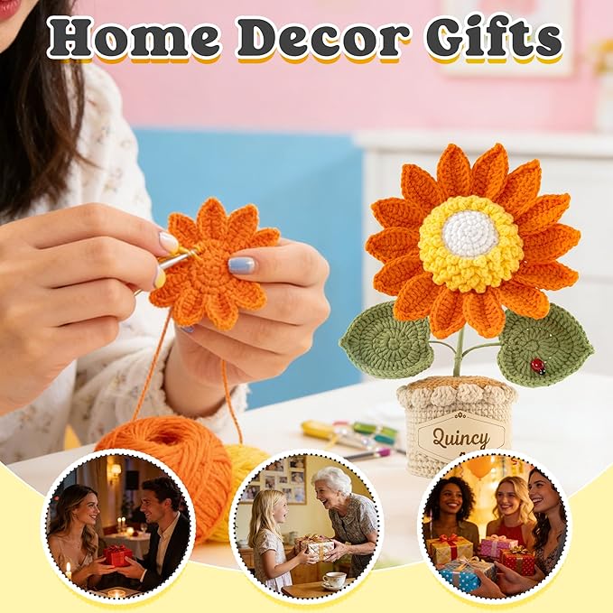 Crochet Flowers with Personalized Leather Name Tag Handmade Knitted Flowers for Home Office Desk Decor Crochet Sunflower Potted Plant for Women,Mother,Teachers, Birthday Crochet Gifts(Orange)