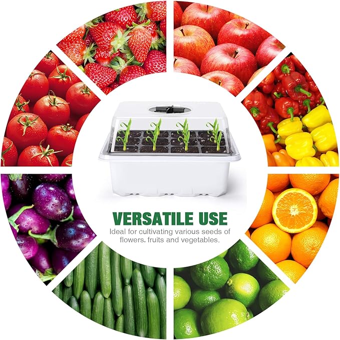 Delxo 10 Pack Seed Starter Kit with Humidity Domes - 120 Cells Seedling Trays with Adjustable Vents & Base - Reusable Plant Germination Trays for Seed Starting - Includes Plant Tags & Garden Tools
