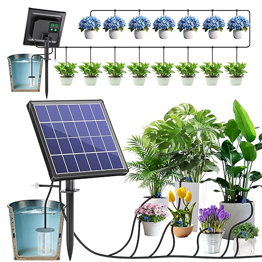 NFESOLAR 3W Solar Automatic Drip Irrigation Kit with LCD Timer, Customizable Watering Duration 1–30min & Interval 3h–7d, Anti-Siphoning Device for Potted Plants, Balcony, Garden, Patio, Vacation