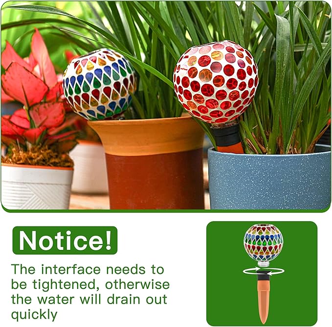 SAVENNA Mosaic Plant Watering Globes with Terracotta Spikes, 17oz Glass Self Watering Globes for Indoor & Outdoor Potted Plants, Decorative Water Drippers, Set of 2