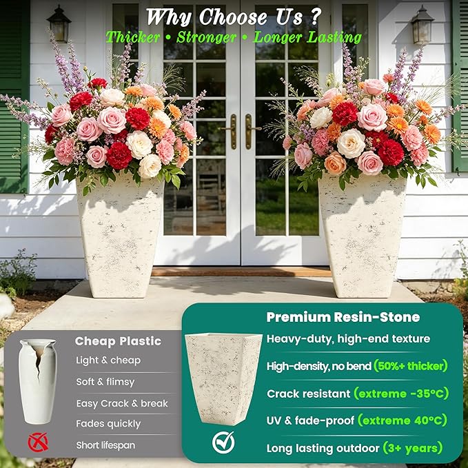 Autodaya 19" Plant Pots Tall Planters for Plants Outdoor Set of 2 Large Square Flower Pots Indoor Front Porch Decor Garden Pot with Drainage Hole Handmade Birch Bark Texture for Patio, Country White