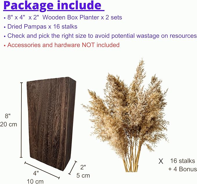 LaLaGreen Wood Wall Planters (8 Inch, 2 Pack) 16 Stalks of Pampas Grass Dried Flower, Wooden Box Vases for Indoor Hanging Planter Rustic Decor Home Living Room Bathroom Modern Farmhouse Decoration