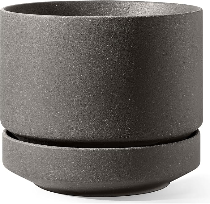 LE TAUCI 14 Inch Large Plant Pot with Saucer, Ceramic Outdoor & Indoor Big Planter with Drainage Hole, Mesh Pad Included, Unglazed Porous, Modern for Home and Patio, Charcoal Gray