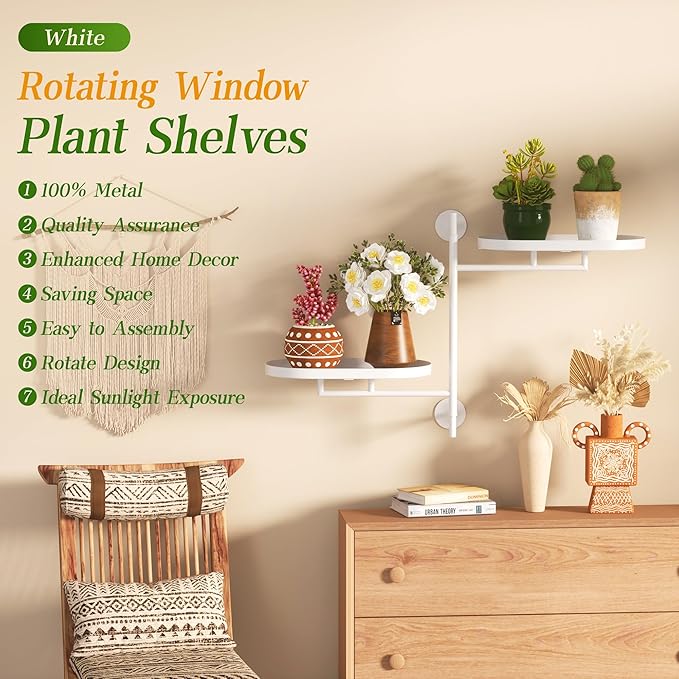 YQSLYSF Window Rotating Plant Stand Shelf Indoor White Metal Floating Shelves 2-Tier Wall Mount Plant hanger Holders for Wall Planter Modern Home Decor window sill gifts