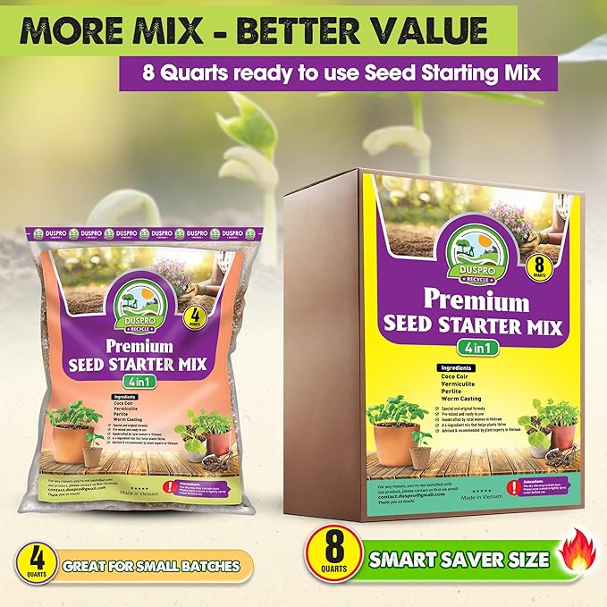 Seed Starter Potting Soil Mix, 4 Dry Quarts, Ready-to-Use Peat-Free Coco Coir Seed Starting Mix 4-in-1 Blend with Perlite, Vermiculite & Worm Castings for Germination & Seedlings