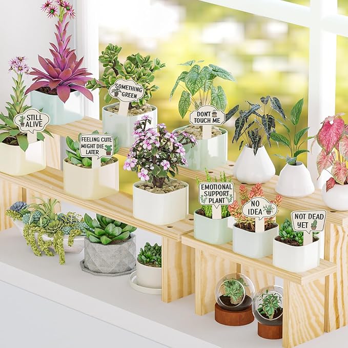 15Pcs Wooden Plant Signs, Funny Garden Plant Markers, Cute Patterns Interesting Words Labels with Stake for Indoor Outdoor Patio Decorative Plants Stakes Garden Tags