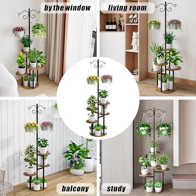 INGIORDAR Plant Stand Indoor Outdoor Corner Plant Shelf for Multiple Flower Pots Flower Stand Holder for Patio Garden Balcony Living Room (Black+Rustic Brown, 5 Tier with Hook)