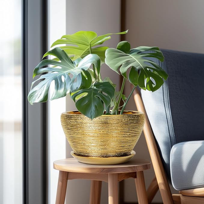 Ceramicfor Ceramic Planter 11 Inch - Indoor Plant Pot with Drainage Hole and Saucer Large Planter for Outdoor Plants Mid-Century Decorative Flower Pot for Home Decor Gold