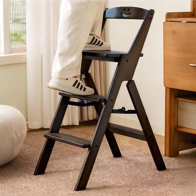 Foldable Wooden 3 Step Ladder and Stool Chair 2 in 1 (Black)