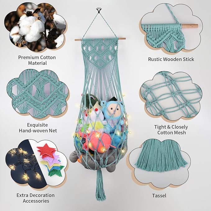 Stuffed Animal Storage Hammock, 63'' Jumbo Boho Macrame Corner Toy Hammock Wall Hanging Net Holder for Nursery Teddy Plushie, Turquoise Plush Toy Net with Star Light for Baby Boys Girls Gift