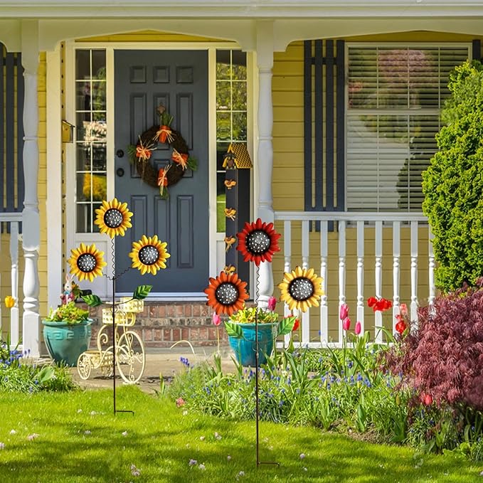 2 Pack Metal Sunflowers Decorative Garden Stakes, 29.5 Inch Outdoor Garden Decor Shaking Head Yard Stakes, Metal Flowers Outdoor Courtyard Art Lawn Terrace Decoration