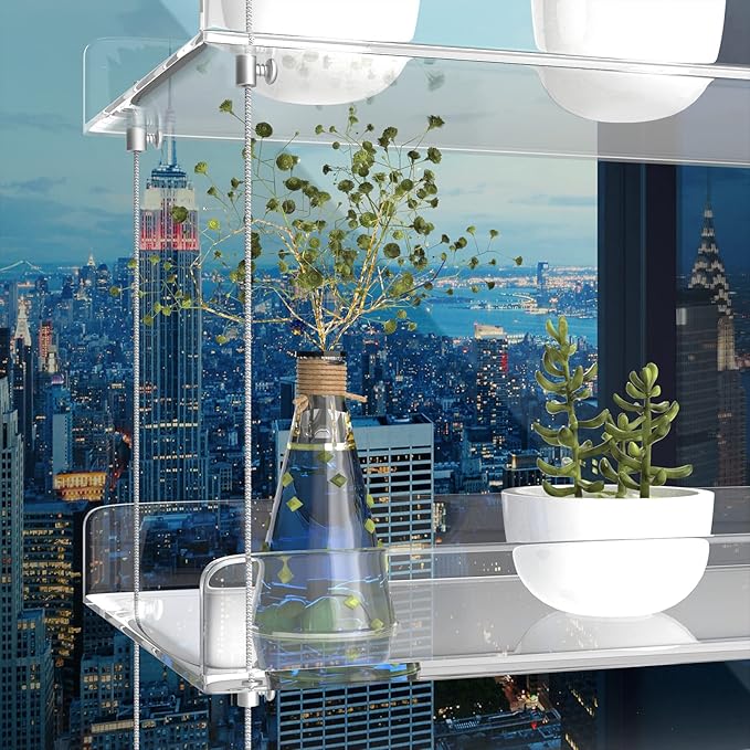 3-Tier Hanging Acrylic Plant Shelves for Windows, Each Tier 16 Inch Long, Height Adjustable Plant Stand, Clear Hanging Plant Stand for Indoor Windows, Grow Herbs,Flower