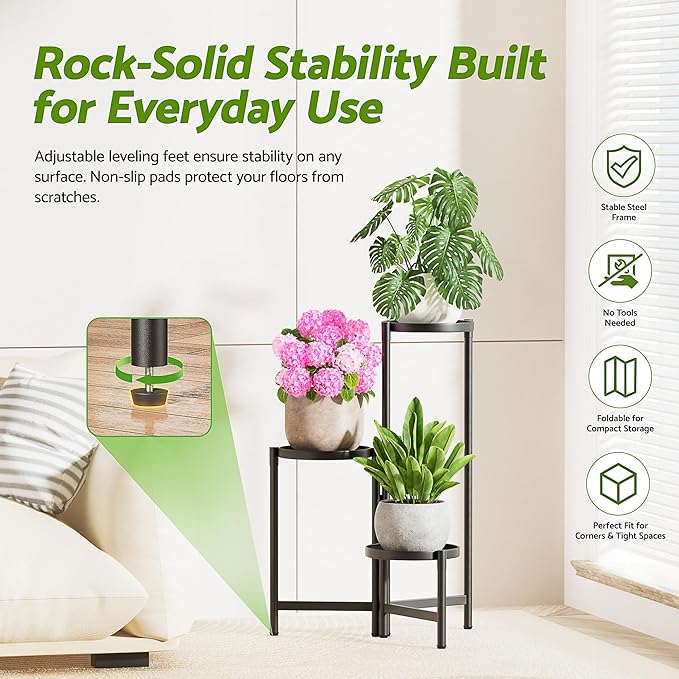 3 Tiered Plant Stand Indoor for Multiple Large Planter, Tall Heavy Duty Adjustable Folding Rack with Rustproof 7.9 Inch Wide Tray, Plant Shelf for Corner Living Room - BlackDisk