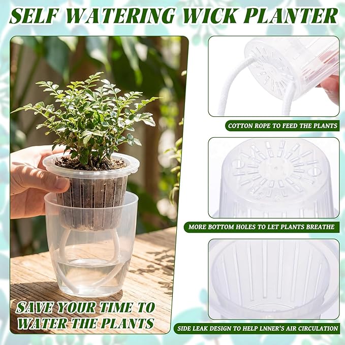 18pcs Self Watering Pots 3.5inch Plastic Flower Plant Pot with Inner Pot Self Watering Wick Planter White Clear Flower Pots for Indoor House Plants Herbs, Flowers, Succulents(Transparent)
