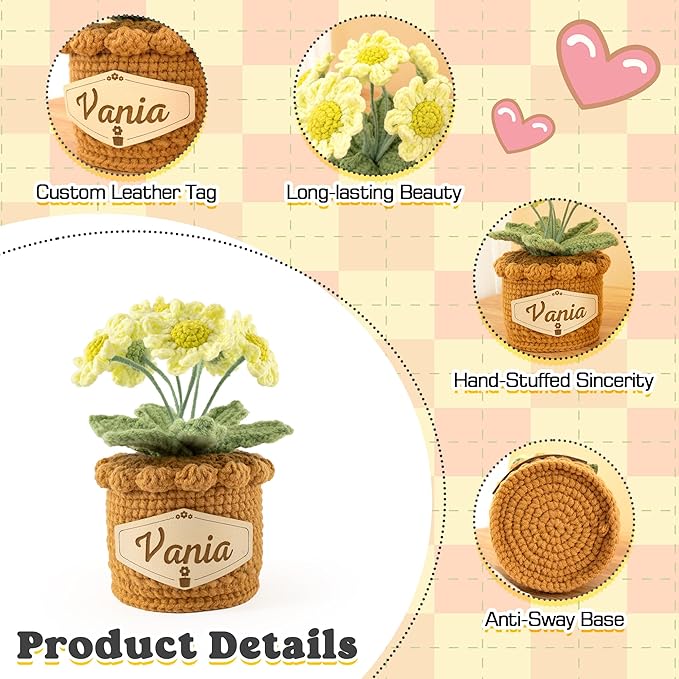 Crochet Flowers with Personalized Leather Name Tag Handmade Knitted Flowers for Home Office Desk Decor Crochet Daisy Potted Plant Crochet Gift for Women,Mom,Teacher, Friend, Birthday(Green)