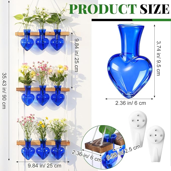 Leinuosen Wall Hanging Plant Propagation Stations Mother Gifts for Her Plant Lovers 3 Tiered 9 Heart Shaped Glass Vases Terrarium with Wooden Stand for Hydroponics Indoor Garden Home Decor(Blue)