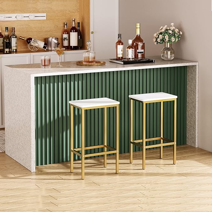 MAHANCRIS Bar Stools, Set of 2 Bar Chairs, Kitchen Breakfast Bar Stools with Footrest, 25.8-Inch Height, Rectangular Industrial Stools, for Dining Room, Easy Assembly, White and Gold BAJW0101