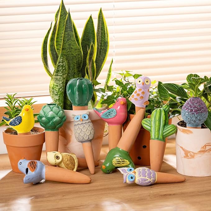 Mother’s Day Gift for Mom from Daughter or Son, 4 Pack Handmade Terracotta Owl Watering Globes & Spikes, Self-Watering Plant Devices with Slow Release System for Indoor & Outdoor Plants, Vacation Use