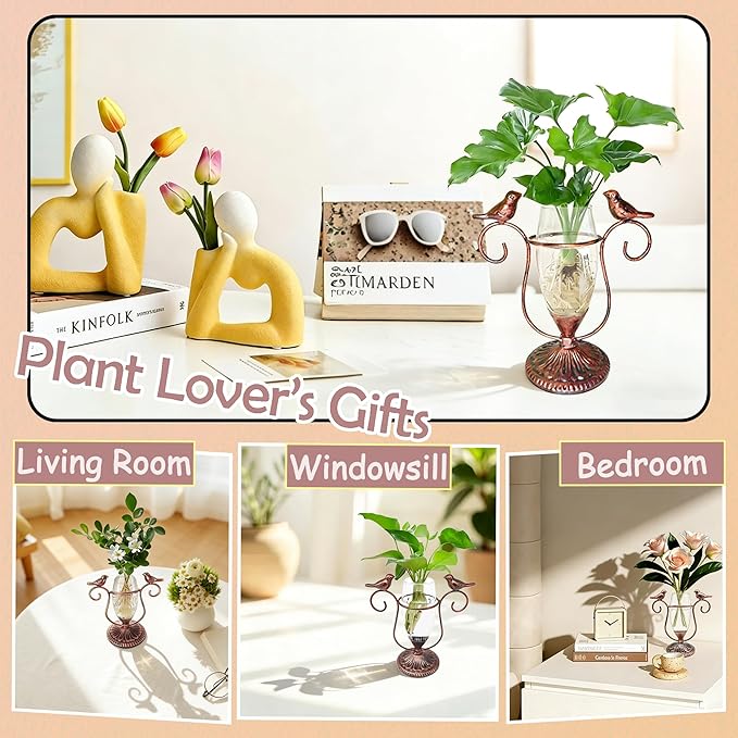Vintage Glass Plant Propagation Station, Propagation Terrarium Flower Vases, Plant Lovers Gifts for Office Living Room Desk Decor (Copper Bird)