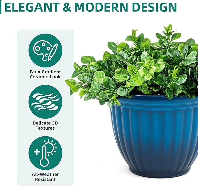 Autodaya 15" Large Flower Pots, Set of 2 Plastic Planters for Outdoor Indoor Plants with 3D Textures, Weather-Resistant for Porch, Garden, Patio or Indoor Use, Gradient Cobalt Blue