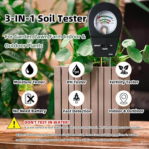 3-in-1 Soil Moisture Meter pH & Fertility Tester, No Battery Needed Plant Soil Test Kit for Houseplants, Garden, Lawn & Farm, Plug-and-Read Soil Acidity Meter for Indoor Outdoor Potted Plants (Black)