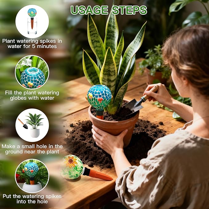 SAVENNA Mosaic Plant Watering Globes with Terracotta Spikes, 17oz Glass Self Watering Globes for Indoor & Outdoor Potted Plants, Decorative Water Drippers, Set of 2,Sunflower & Mushroom Pattern