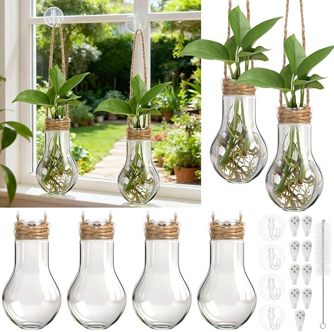 Baderke 9 Pack Window Propagation Stations 3.9 Inch Plastic Hanging Plant Propagation Vases with Hooks & Cleaning Brush Clear Tubes for Plant Clippings, Home Office Decor, Gardening Gifts for Women