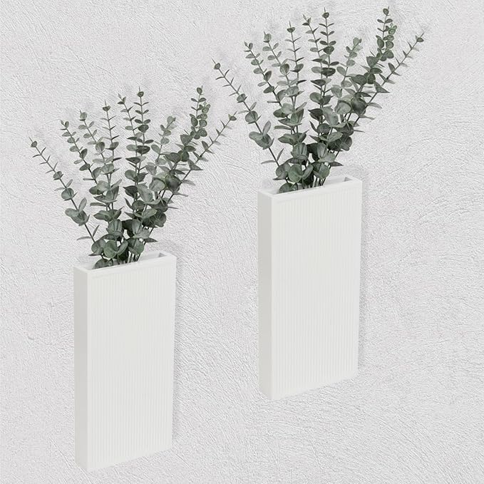 Wood Wall Planter Set of 2, Modern Wall Hanging Decor Pocket Planter for Greenery and Dried Flowers, Indoor Wood Hanging Vase (White)