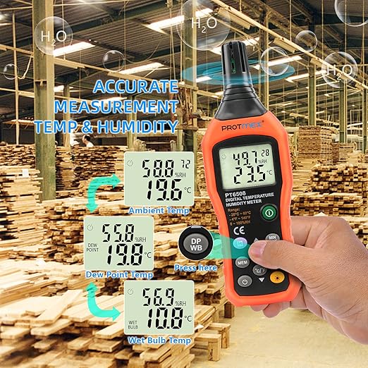 Protmex PT6508 Temperature Humidity Meter, Digital Thermometer Hygrometer Monitor with Ambient, Dew Point, Wet Bulb for Indoor/Outdoor MIN, MAX, Data Hold, LCD Backlight