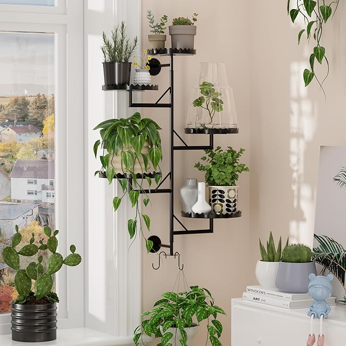 GcdPai Rotating Window Plant Shelves indoor 5-tier Metal Plant Stand, Wall Plant holder for Multiple Plants indoors, Window Sill Gifts for Small Spaces, Stylish and Functional Indoor Plant Stand Black