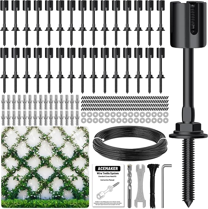 30-Set Black 1/8" Wire Trellis for Climbing Plants Outdoor with 150ft Vinyl Coated Cable, T316 Stainless Steel Wall Wire Trellis Kit