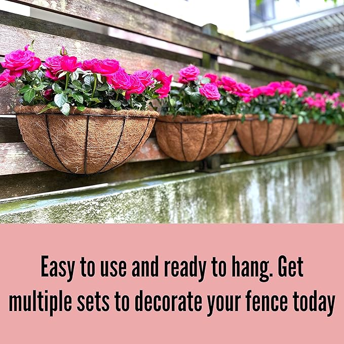 LaLaGreen Wall Planters for Outdoor Plants, 4 Pack, 12 Inch Half Round Plant Holder with Coco Liner, Metal Wire Flower Herb Baskets Window Boxes Outside Fence Railing Pots Deck Porch Balcony Garden