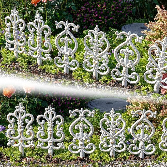Sungmor Vintage Cast Iron Garden Stakes - 3PCS Ornate Metal Plant Stakes for Yard Art, Patio,Lawn Ornamentation,5.3inch Tall Antique White Finish,Exquisite Garden Decor