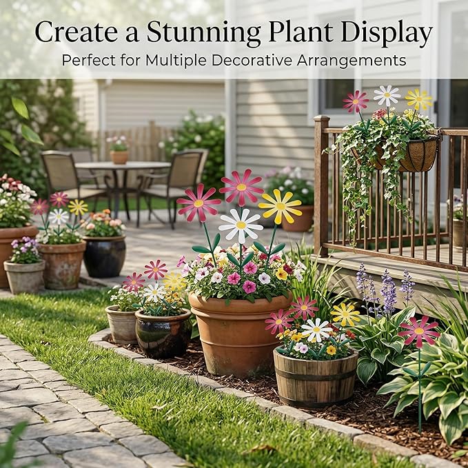 Topadorn Flower Garden Stake Decor, Outdoor Plant Pick Water Proof Metal Sunflower Daisy Stick for Lawn Yard Patio, Pathway Ornament, Set of 3