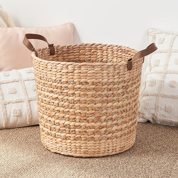 Isidore Water Hyacinth Storage Basket, Round Woven Design (Natural Brown, 15.7 x 15.7 x 11.8 in)