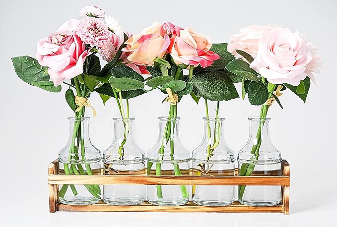 Le'raze Glass Flower Vase with Wooden Holder, Set of 6 Rectangular Bud Vases for Home Decor, Wedding, Mother's Day, Clear Glass, Metal Stand