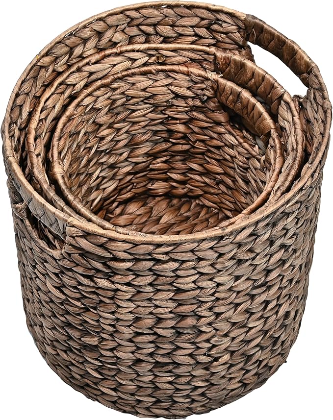happimess BSK2011B-3SET Avery Bohemian Cottage Handwoven Hyacinth Cylinder Nesting Wicker Storage Baskets with Handles, Brown (Set of 3), Seagrass Containers for Decoration in Living Room, Bedroom