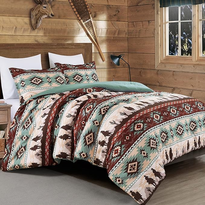Chezmoi Collection Audun 3-Piece Southwestern Cowboys Aztec Comforter Set - Multicolor Teal Brown Beige Tan Red Printed Washed Microfiber Bedding, Queen Size