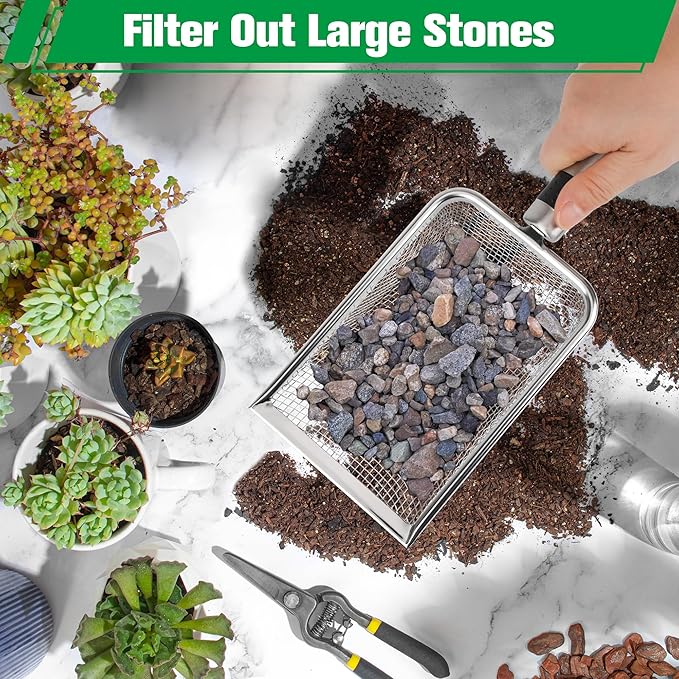 4PCS Soil Sifter for Gardening, Stainless Steel Sand Soil Compost Sifter for Gardening with Handle, Sieve for Rocks (0.2/0.17/0.15/0.11 in Mesh)