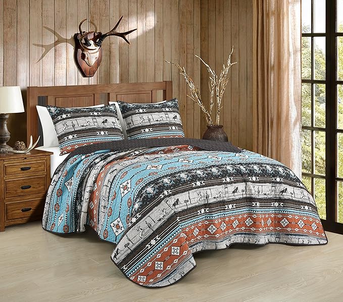 Chezmoi Collection Boone 3-Piece Southwestern Cowboys Rodeo Quilt Set King - Multicolor Blue Brown Beige Clay Printed Microfiber Lightweight Bedspread Set for All Season